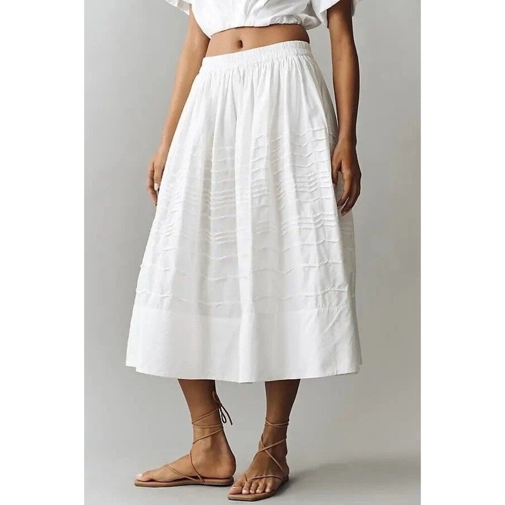 Anthropologie Maeve Cotton Pintuck Women's Midi Skirt Pull-On Ivory S 291325
